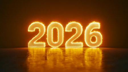 A Bright and Festive 2026 New Year Celebration with Glowing Figures and Shimmering Reflectionsの素材