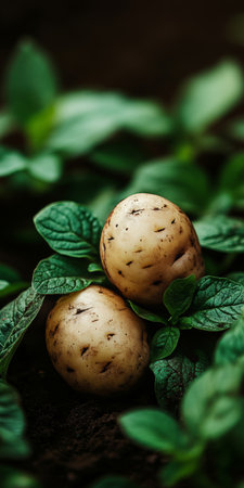 Freshly Harvested Potatoes Surrounded by Lush Green Leaves, A Beautiful Bounty from the Earthの素材