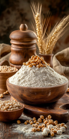 Flour Pile on Wooden Cutting Board Surrounded by Wheat Shafts and Grains for Baking Preparationの素材