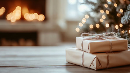 Cozy Christmas Ambiance Beautiful Gifts Under the Tree Next to a Warm Fire in Scandinavian Decorの素材