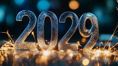 Sparkling Silver Metallic Inscription for New Year 2029 Celebration with Fireworks and Glittersの素材