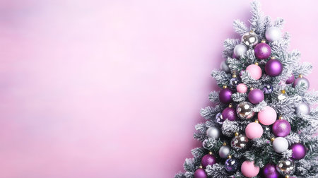 Stunningly Decorated Christmas Tree with Colorful Ornaments and Snowy Branches on Pink Backgroundの素材