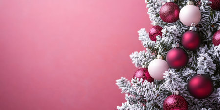 Elegant Ornamented Flocked Christmas Tree with Snowflakes on a Rich Burgundy Backdrop, Holiday Cheerの素材
