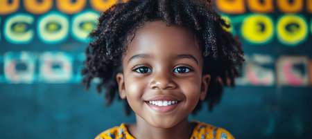 Joyful child with a bright smile and excitement during a vision examination near the letter chart.の素材