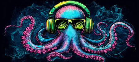 Colorful Cartoon Octopus DJ with Headphones, Vibrant Pop Art Style Music Illustration Poster Designの素材