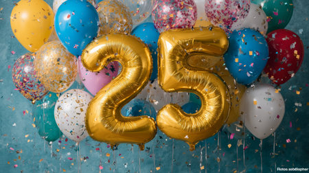 Joyful Celebration of 25th Anniversary with Colorful Balloons and Shimmering Golden Decorationsの素材