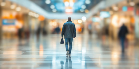 A lone male shopper navigating the expansive walkways of a modern indoor mall filled with shops.の素材