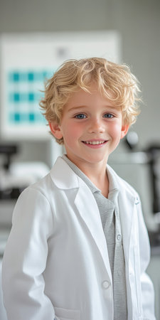 Happy Child Smiling During Eye Exam at Optometrist Clinic, Promoting Importance of Vision Healthの素材