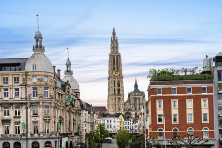 Antwerp, Belgium A stunning view of the Cathedral and historic buildings in the cityの写真素材