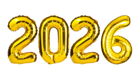Golden Foil Balloons Forming the Year 2026 Isolated on White Background, Modern Celebration