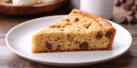 Deliciously Indulgent Chocolate Chip Cookie Cake Slice on a White Plate, Perfect for Any Celebrationの素材