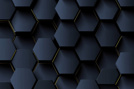 Elegant Dark Blue Hexagons with Subtle Gold Edges, Seamless Pattern for Modern Design Backgroundsの素材