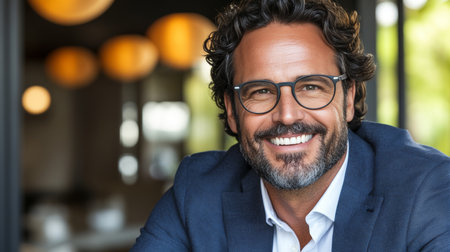 Confident and Successful Mature Businessman in Suit and Glasses Smiling Happily at His Work Deskの素材