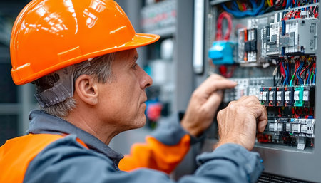 Electrician Working on Control Panel, Ensuring Safety and Efficiency in Electrical Systemsの素材