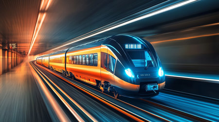 Sleek and Fast Modern Metallic High Speed Train Zooming Through a Brightly Lit Urban Tunnel Sceneの素材