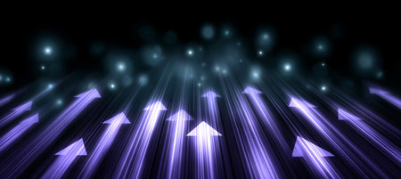Illuminated Pathway of Digital Arrows Pointing Upward, Guiding Light and Innovation for Successの素材