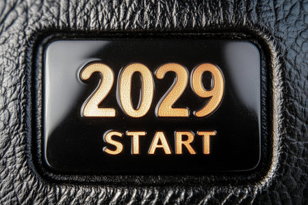 Illuminated Inscription Displaying 2029 Start on a Black Button with a Rough Dark Backgroundの素材