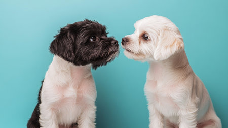 Adorable Shih Tzu Mixed-Breed Puppies Meeting Each Other on Light Blue Backdrop in Studio Settingの素材
