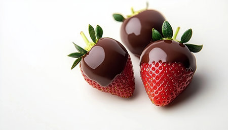 Three Chocolate Covered Strawberries on White Background, Perfect Dessert for Any Occasionの素材
