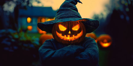 Eerie Glow of a Pumpkin-Headed Scarecrow with a Burning Smile in the Darkness of Halloween Nightの素材