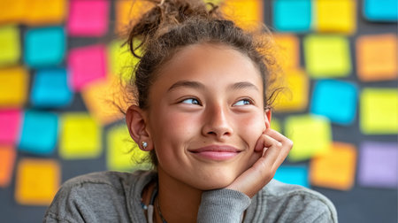 Smiling Asian-American Teenage Student with Sticky Notes in Classroom Reflecting on Future Goalsの素材