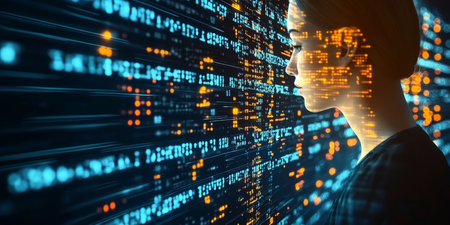 A woman using a futuristic data stream interface with advanced artificial intelligence technology.の素材