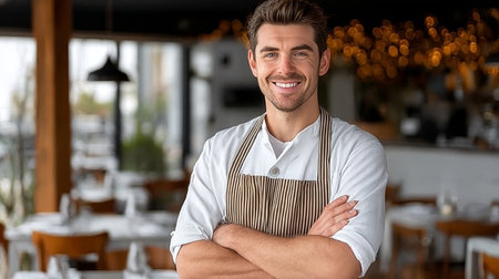 Handsome young Caucasian man, proud restaurant owner, smiling in his professional restaurant settingの素材