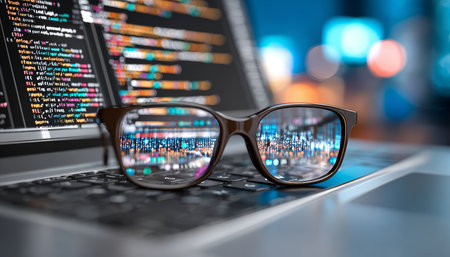 Abstract futuristic business concept featuring stylish eyeglasses with code and digital graphicsの素材