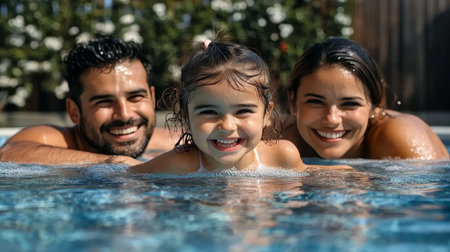 Joyful Family Bonding Time in a Swimming Pool Under the Bright Sun, Laughing Together Happilyの素材