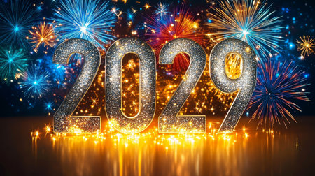 Vibrant New Year Celebration with Colorful Fireworks Lighting Up the Night Sky for 2029 Festivitiesの素材