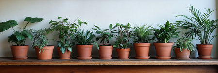 Indoor garden featuring lush ferns, elegant palms, and vibrant tropical foliage in terracotta potsの素材