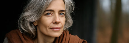 Mature woman with silver hair enjoying a tranquil moment in nature, reflecting on life and wellness.の素材