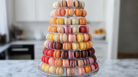 An Exquisite High Macaron Tower with Colorful Assortments, Perfect for Celebrations and Eventsの素材