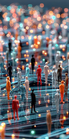Interconnected Diverse Individuals on Neon Lines in Cyberspace Representing Global Connectionsの素材