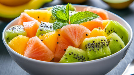 A Colorful Bowl of Fresh Seasonal Fruits Including Kiwis, Melon, and Berries for a Healthy Snackの素材