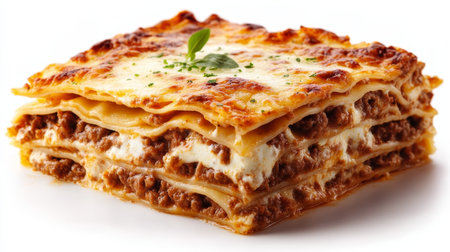 Close-up of a Delicious Lasagna with Layers of Cream Sauce, Beef, and Melted Cheese, Ready to Serve.の素材