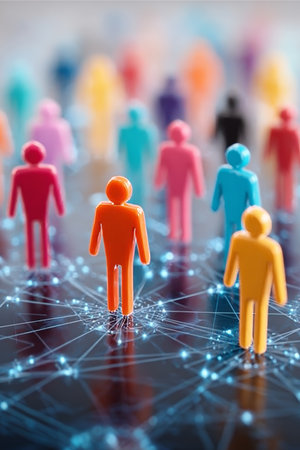 Diverse Colorful Symbolic People Connected on a Digital Grid Representing Modern Connectivityの素材