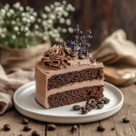 Indulgent Mocha Cake Slice with Rich Coffee Frosting and Espresso Beans on a Cozy Caf Tableの素材