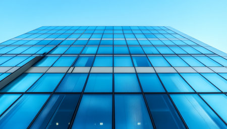 Sleek Modern Glass Building Featuring a Minimalist Facade Against a Bright and Clear Blue Skyの素材