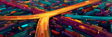 Futuristic Cityscape with Complex Intersecting Highways, Showcasing Advanced Urban Planning Ideasの素材