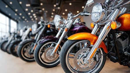 Exciting Motorcycles Showcase A Group of Powerful Cruiser Bikes Shines Brightly Indoors at Storeの素材