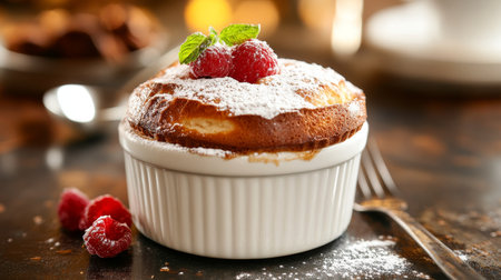 Decadent Chocolate Souffl Served in Elegant Dish, Topped with Fresh Berries and Whipped Creamの素材