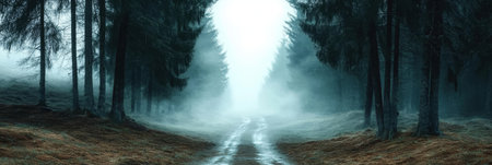 Misty Forest Path Through Dense Trees in an Enigmatic Landscape, Evoking Mystery and Serenity.の素材