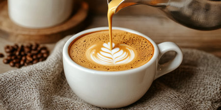 Beautiful Close-Up of a Creamy Aromatic Latte Art Coffee Beverage in a White Cup with Detailsの素材