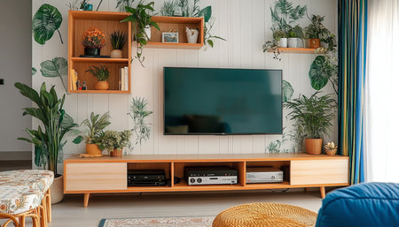 Modern Living Room with Elegant TV Unit and Stylish Storage Solutions for Cozy Home Decor Aestheticの素材