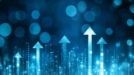 Glowing arrows rising through a digital landscape filled with vibrant particles and potential energyの素材