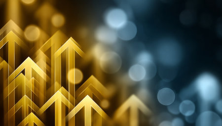 Dynamic Concept of Advancement with Rising Arrow Symbols and Glowing Lights in Golden Backgroundの素材