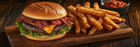 Mouthwatering stacked burger topped with crispy bacon and served with golden fries on a wooden boardの素材