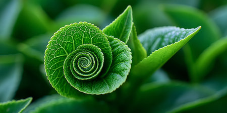 A Close-Up of a Delicate Tea Leaf Curl Unfurling its Perfect Symmetry and Natural Growth Patternsの素材