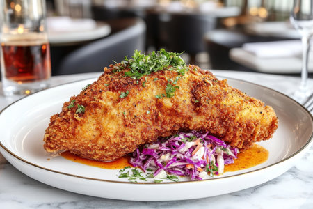 Golden Fried Chicken Delight with Crisp Crust, Served with Vibrant Coleslaw for a Gourmet Experienceの素材